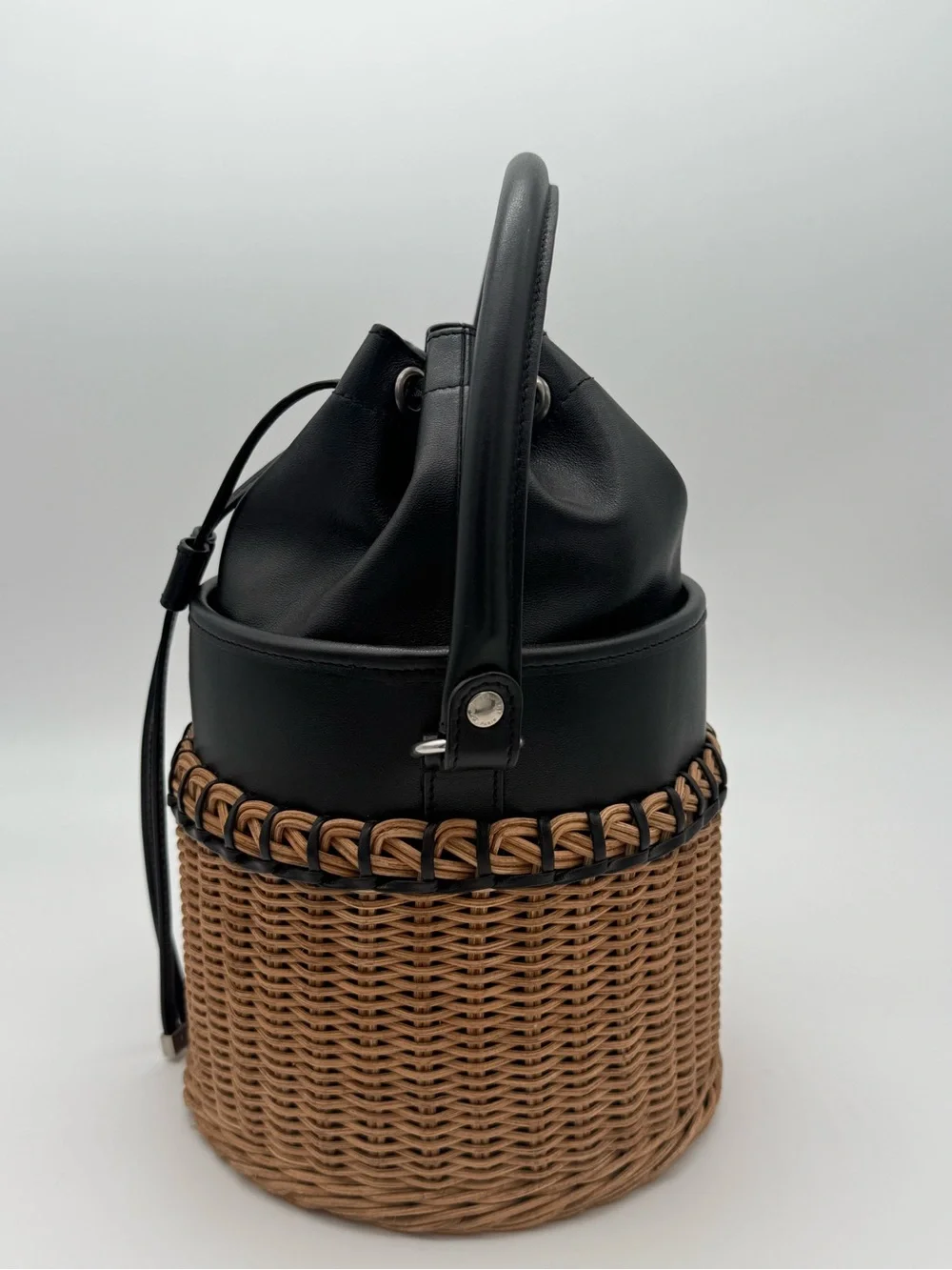 Saint Laurent Black & Tan Wicker Bucket Bag - Picture 3 of 16